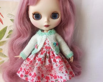 Blythe Doll Outfit: Floral Dress, Embroidered Cardigan, Hat & Stockings
