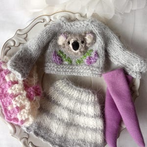 Hand Knit Blythe Doll Outfit – Koala Sweater Set, 12" Doll Clothes image 1
