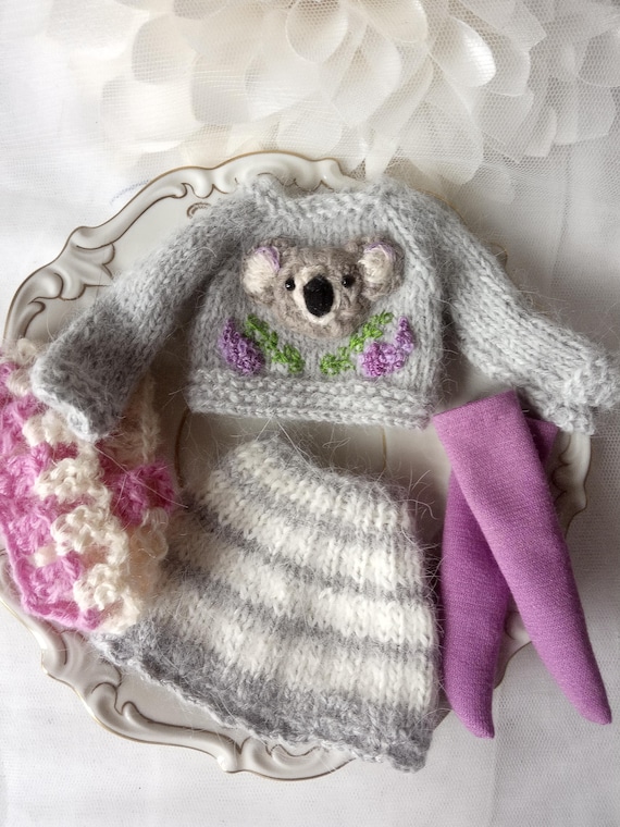Hand Knit Blythe Doll Outfit – Koala Sweater Set, 12" Doll Clothes