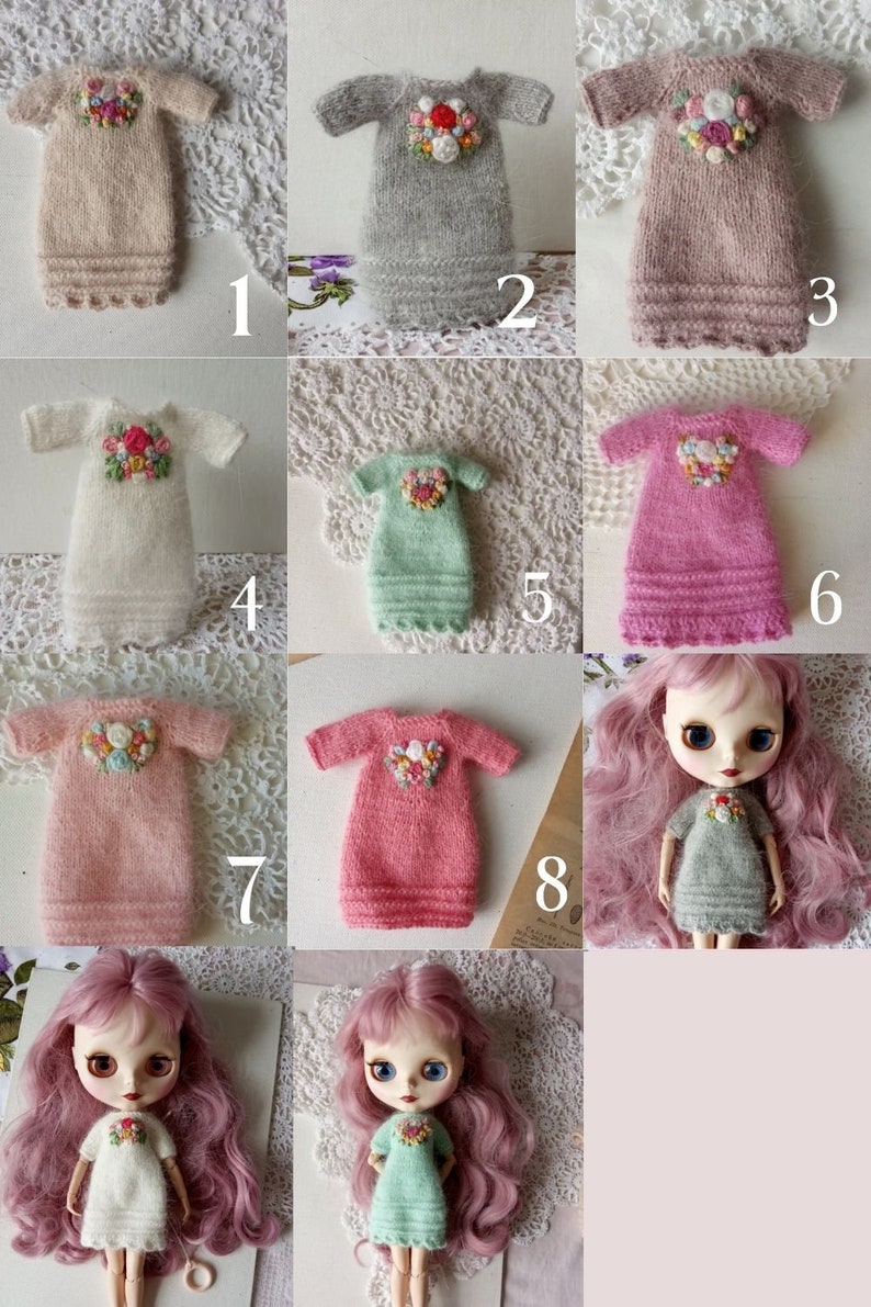 Puede incluir: Nueve vestidos de mu&ntilde;eca tejidos a mano con dise&ntilde;os florales bordados en varios colores, incluyendo rosa, blanco, gris y verde. Los vestidos se muestran sobre un fondo blanco.
