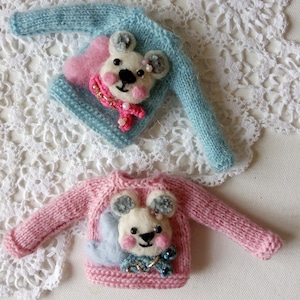 Cute  hand knitted blue wool sweater with embroidered bear for Blythe doll Kawaii clothes