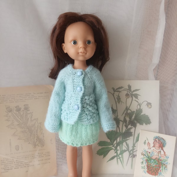 Knit doll clothes for Little Stella doll Knitted Mint cardigan for Paola Reina 13 inch