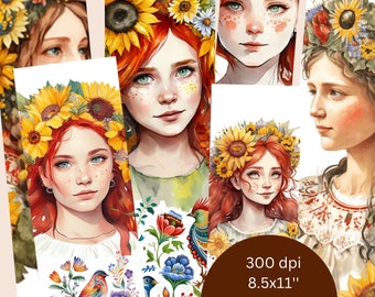 Ukrainian Girl bookmarks Set of 6 digital bookmarks Printable paper ephemera Folk art ornaments