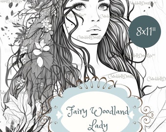 Woodland Lady Set of 2 grayscale coloring pages Forest Fairy coloring page instant download