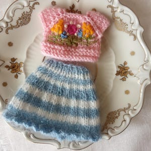 K&ouml;nnte beinhalten: Ein gestricktes Miniatur-Outfit, bestehend aus einem rosa Oberteil mit Blumenstickerei und einem blau-wei&szlig; gestreiften Rock. Das Outfit wird auf einem dekorativen wei&szlig;en Teller mit goldenen Akzenten pr&auml;sentiert, m&ouml;glicherweise f&uuml;r eine Puppe oder ein Bastelprojekt.