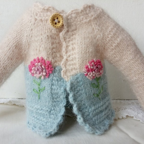 Knitted doll clothes for Paola Reina Knit angora cardigan with embroidered  flowers  for Ruby Red doll 13 ''