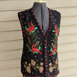 Vintage 80er- 90er- 2000er Jahre- y2k- Weihnachtspullover Weste- Schwarz- Bestickt- Tannenzapfen- Kardinäle- Witchy- Yule- DamenGröße Klein