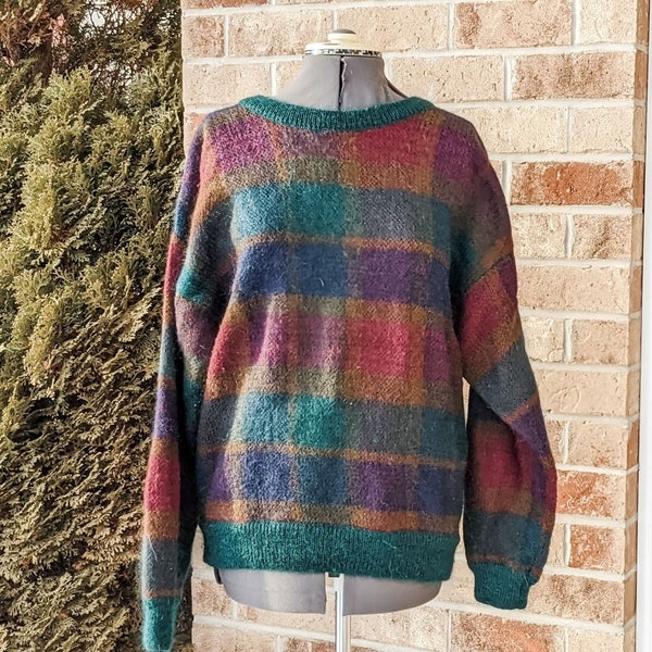 Vintage 80s-90s- Oversized Sweater- Striped- Geometric- Jewel Tones- Green- Maroon- Goblincore- Cottagecore- Menswear- Cozy- Retro- Grandpa