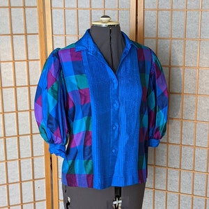 Vintage 80s- 90s- Silk Long Sleeved Blouse- Checkered- Siri Thai- Royal Blue- Purple- Teal- Women&#39;s Size M