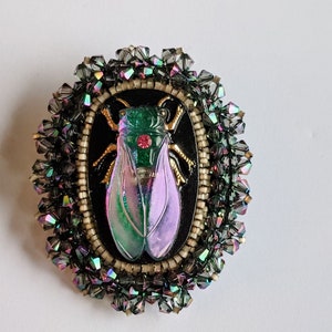 Vintage 80s- Upcycled- Button- Beaded- Brooch- Fly- Beetle- Creepy- Spooky- Witchy- Goth- Pagan- Boho- Steampunk- Iridescent- Shimmer- Art