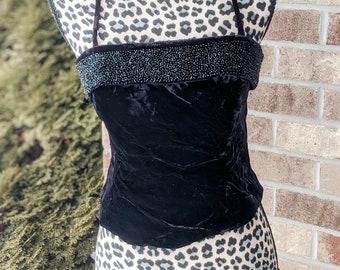 Vintage 90s- Faux- Velveteen Crop Top- Velour-Beaded- Midnight Black- Club Wear- EDM- Buffy The Vampire Slayer- Goth-Festival Wear- Dancing
