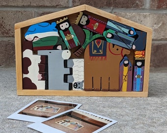 Vintage 60s- Wooden Nativity Puzzle- Montessori- Minimalist- Toy- Christmas- Retro- Charming- Holy- Bethlehem- Children's Play- Holiday Dec