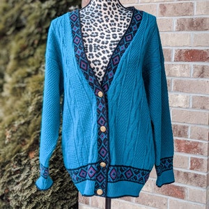 Vintage 80s Sweater- Teal- Purple Southwest- Geometric- Navajo- Chevron- Inspired- Cardigan- Menswear- Inspo- Oversized- Comfy- Chic-Casual