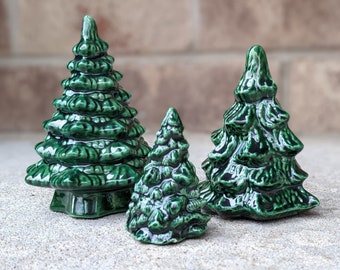 Vintage 90s- Mini Ceramic Christmas Tree Trio- Table Scatter- Altar- Hearth- Village- Decor- Country- Retro- Minimalist- Yule- Evergreens