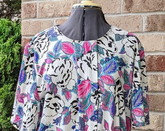 Vintage 80s- Retro Blouse- Peasant- Maximalist- Geometric- Floral-Black-White- Pink-Top Notch- Plus Size- Inclusive Sizing- Women's Size 16W