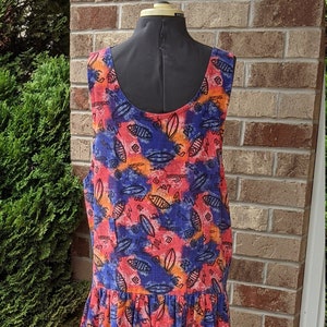 Vintage 80s- 90s- Dress- Fish Print- Boho- Street Art- Tribal- Eclectic- Drop Waist- Sleeveless- Women&#39;s Size 2XL