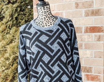 80s Menswear- Oversized Sweater- Geometric- Black- Charcoal- Minimalist- Woven- Pattern-Cozy-Warm- Mens- Chic- Vintage-Jumper