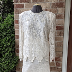 Vintage 80s- Beaded Wedding Dress-Two Piece- Bride- Bridal- Silk Skirt- Top- Sequined- Stretchy- Women's Size XL