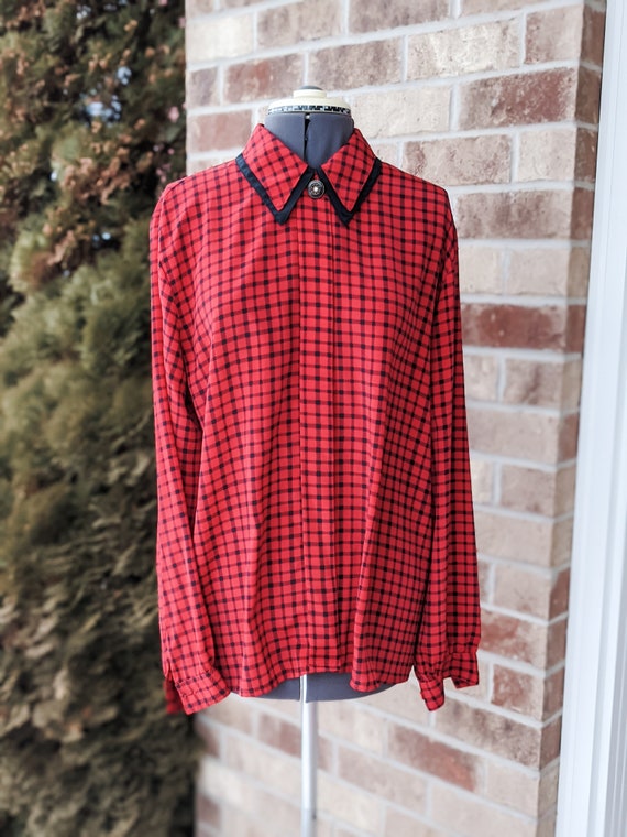 Vintage 80s-90s- Red and Black Checkered Blouse- … - image 2