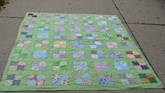 Vintage 70s- Pastel Green Quilt- Twin- Double- Boho- Whimsical 