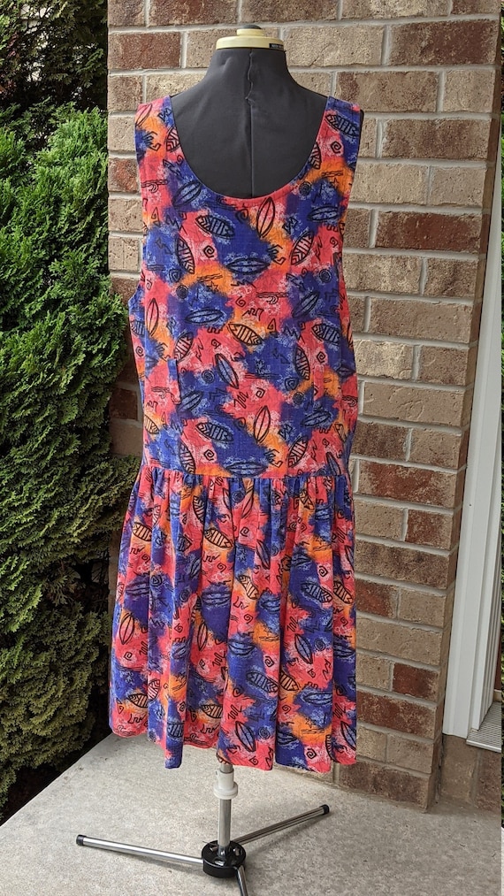 Vintage 80s- 90s- Dress- Fish Print- Boho- Street Art- Tribal- Eclectic- Drop Waist- Sleeveless- Women's Size 2XL
