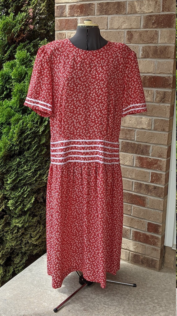 Vintage 90s- Red Dress- Drop waist- Country- Flor… - image 1