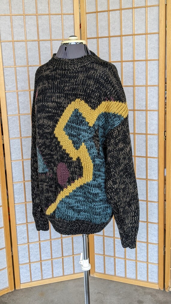 Vintage 80s- Knit Sweater- Vegan- Yarn-  Abstract… - image 3