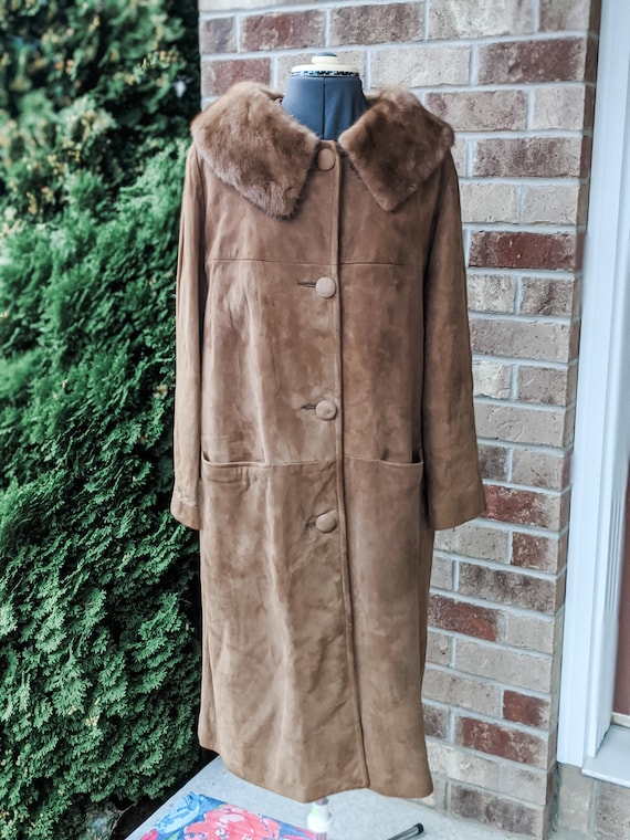 leather coat dress with fur Vintage 60s- Trim- Jackie Kennedy Onassis- Style- Retro Fur Coat- Posh- Classic- Sixties- Coat- Long Coat dress with fur coat