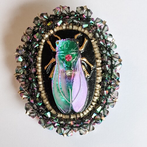 Vintage 80s- Upcycled- Button- Beaded- high quality Brooch- Fly- Beetle- Creepy- Spooky- Witchy- Goth- Pagan- Boho- Steampunk- Iridescent- Shimmer- Art