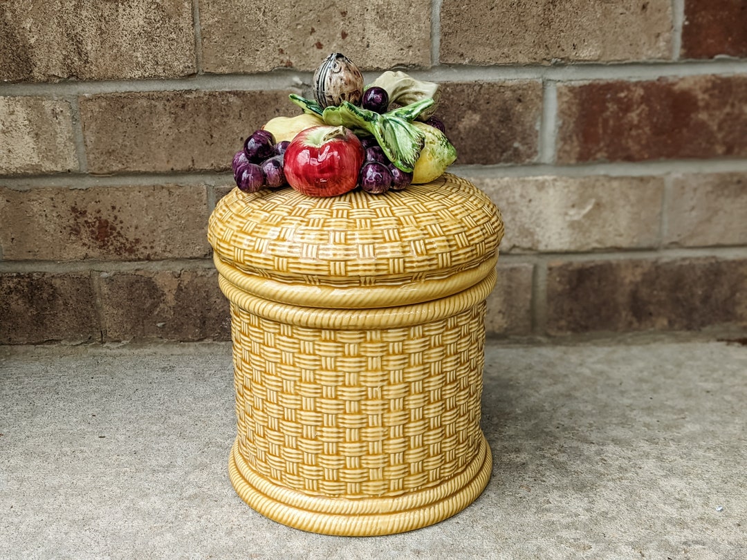 Vintage 70s 80s Fruit Basket Cookie Jar Hand Painted Kitsch Retro