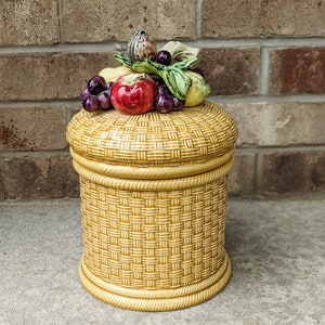 Vintage 70s- 80s- Fruit Basket Cookie Jar- Hand Painted- Kitsch- Retro Kitchen- Cannister- Kitschy- Fruity- Niche- Home Decor- Kitchen