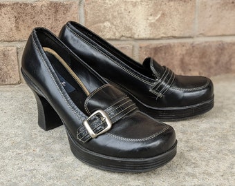 Vintage 90s- 2000s- Y2k- Black-chunky Heel- Loafer- Slip On- LEI 