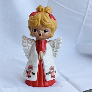 Vintage 60s-70s- Angel- Ceramic- Painted- Christmas- Xmas- Holiday- Decor- Kitsch- Retro- Home- Living Room- Knick Knack- Figurine- Cheery