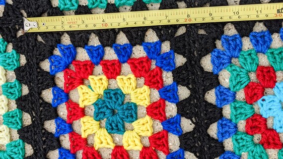 Vintage 80s- 90s- Granny Square Afghan- Black- Multicolored