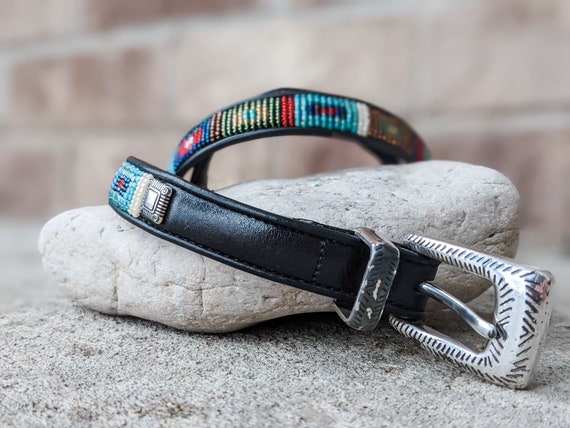 Vintage 80s- Brighton Beaded Belt- Skinny Belt- Southwestern