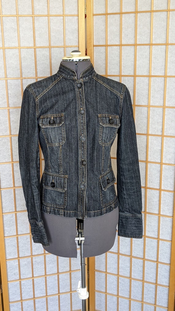 Vintage 2000s Y2k Jean Jacket Denim Dark Blue Pockets Fitted Chic