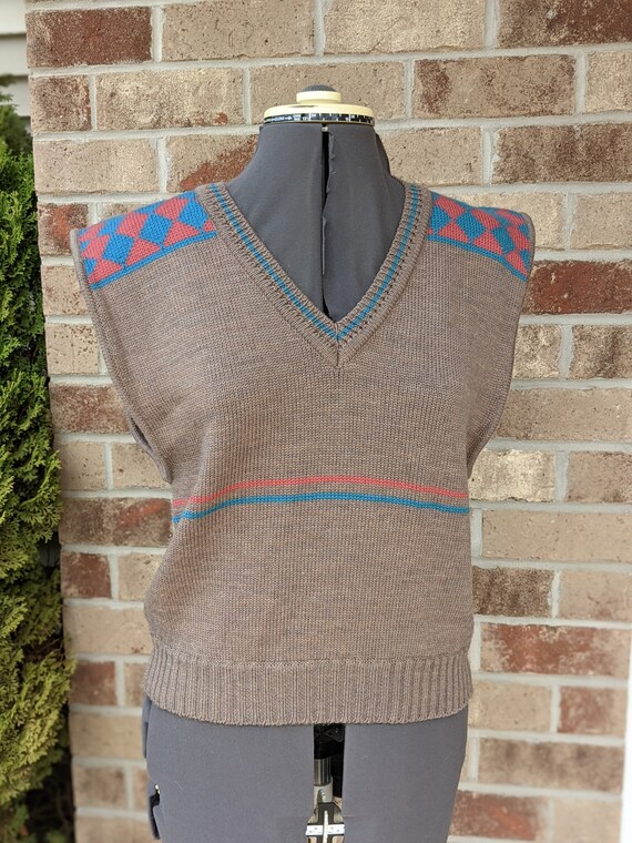 Vintage 70s- 80s- Wool Sweater Vest- Argyle- Stri… - image 3