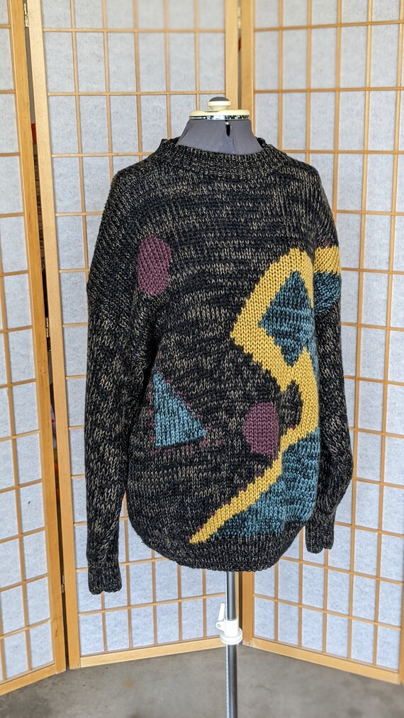 Vintage 80s- Knit Sweater- Vegan- Yarn-  Abstract… - image 5