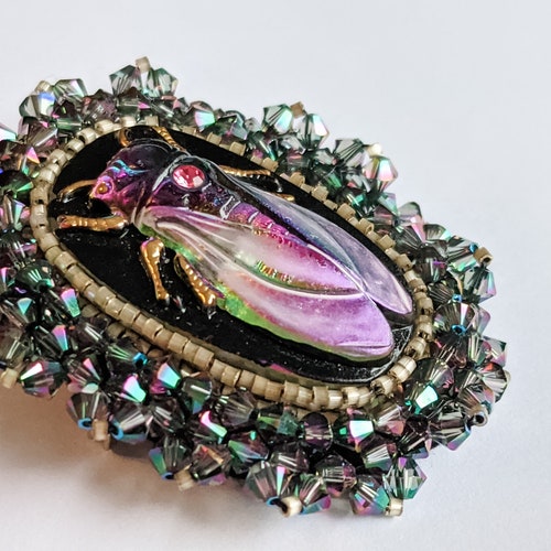 Vintage 80s- Upcycled- Button- Beaded- high quality Brooch- Fly- Beetle- Creepy- Spooky- Witchy- Goth- Pagan- Boho- Steampunk- Iridescent- Shimmer- Art
