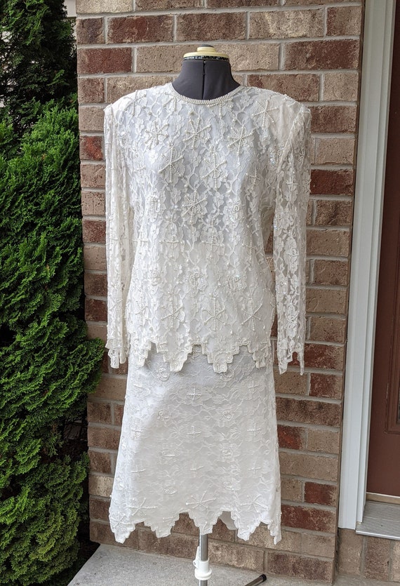 Vintage 80s- Beaded Wedding Dress-Two Piece- Bride