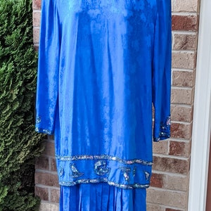 Vintage 80s Silk Beaded Dress Blue Great Gatsby Flapper 20s Style Era Formal Dress Drop Waist Long Sleeve Beaded Women's Size 18 image 9