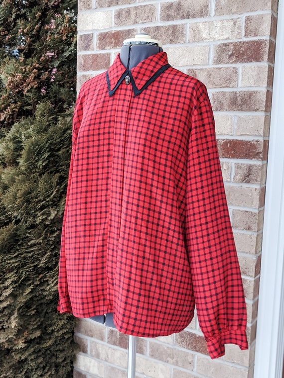 Vintage 80s-90s- Red and Black Checkered Blouse- … - image 3