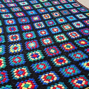 Vintage 80s- 90s- Granny Square Afghan- Black- Multicolored- Rainbow-Boho- Cozy- Hippie- Chic- Handmade- Crochet- Blanket- Throw-