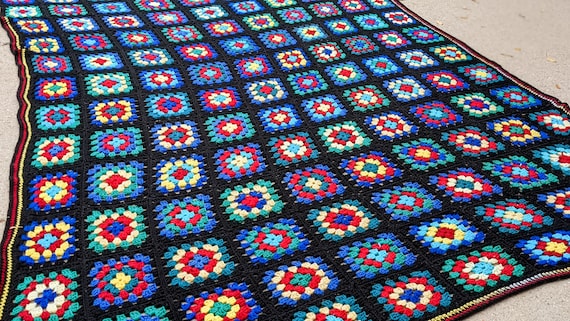 Vintage 80s- 90s- Granny Square Afghan- Black- Multicolored