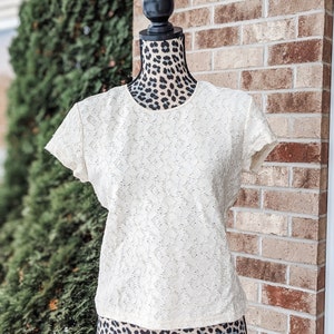Cream Lace Tee- Top- Minimalist- Boho- lacey- romantic- blouse- Petite- 90s- 2000s