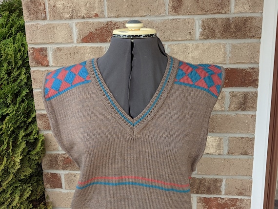 Vintage 70s- 80s- Wool Sweater Vest- Argyle- Stri… - image 1