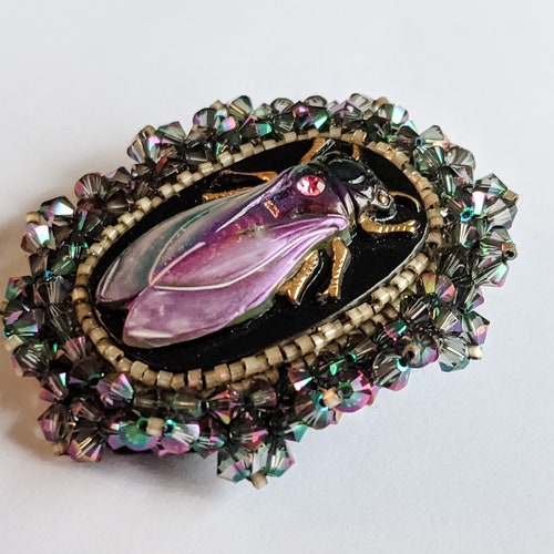 Vintage 80s- Upcycled- Button- Beaded- high quality Brooch- Fly- Beetle- Creepy- Spooky- Witchy- Goth- Pagan- Boho- Steampunk- Iridescent- Shimmer- Art