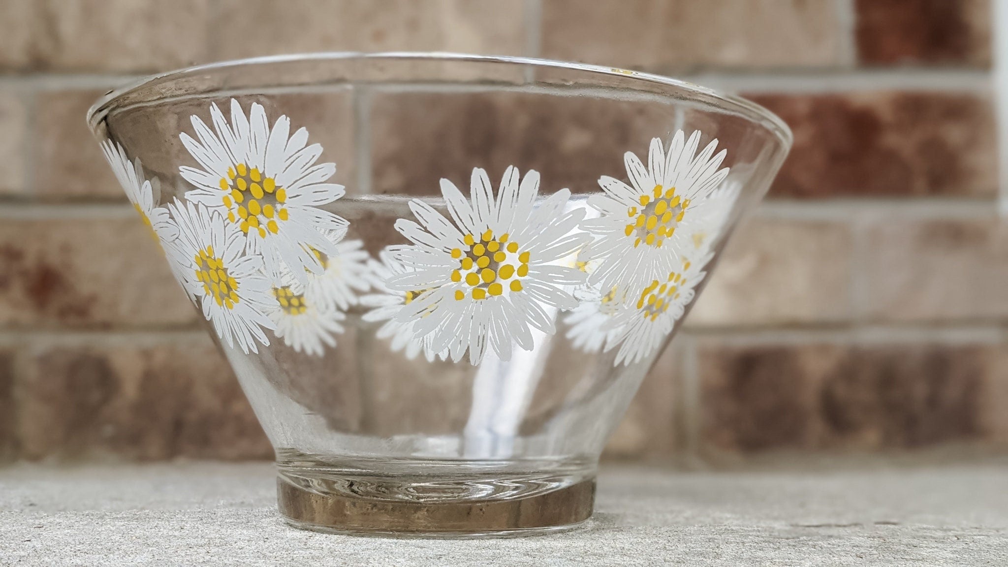 Vintage 60s- 70s- Daisy- Glass Bowl- Retro-Kitsch- Kitchen- Hippie- Boho- Eclectic- Cute- Floral- Painted- That 70s- Unmarked- 12 inch bowl