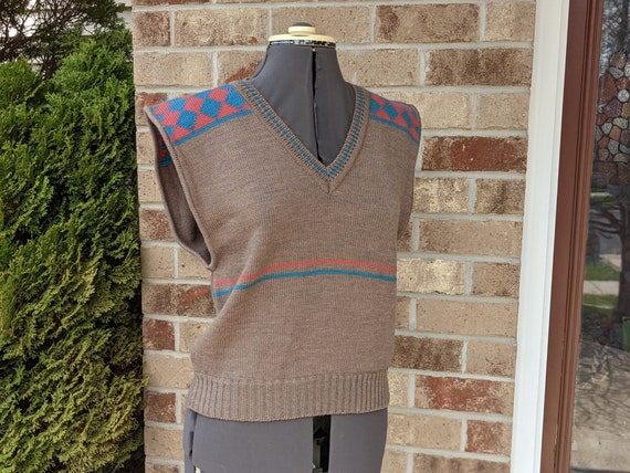 Vintage 70s- 80s- Wool Sweater Vest- Argyle- Stri… - image 4