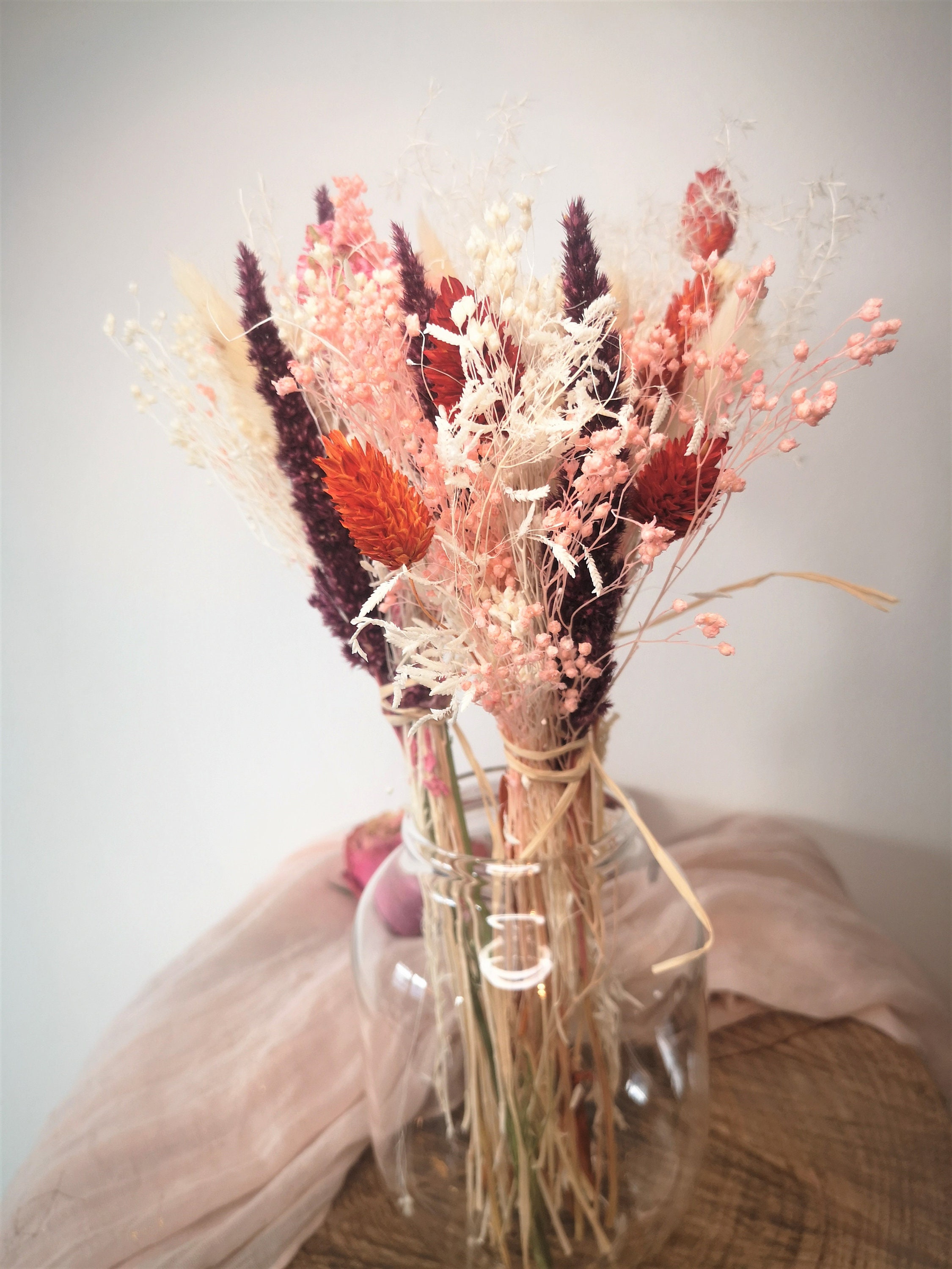 Trio de Bouquet Fleurs Séchées et Stabilisées Rose Bordeaux Orange Décoration d'intérieur